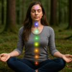 Woman meditating to heal unbalanced chakras in the forest
