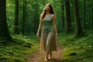 Woman practicing grounding to cleanse energy with nature