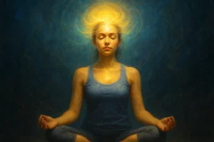 Woman meditating with glowing light around her head symbolizing subconscious reprogramming for spiritual awakening